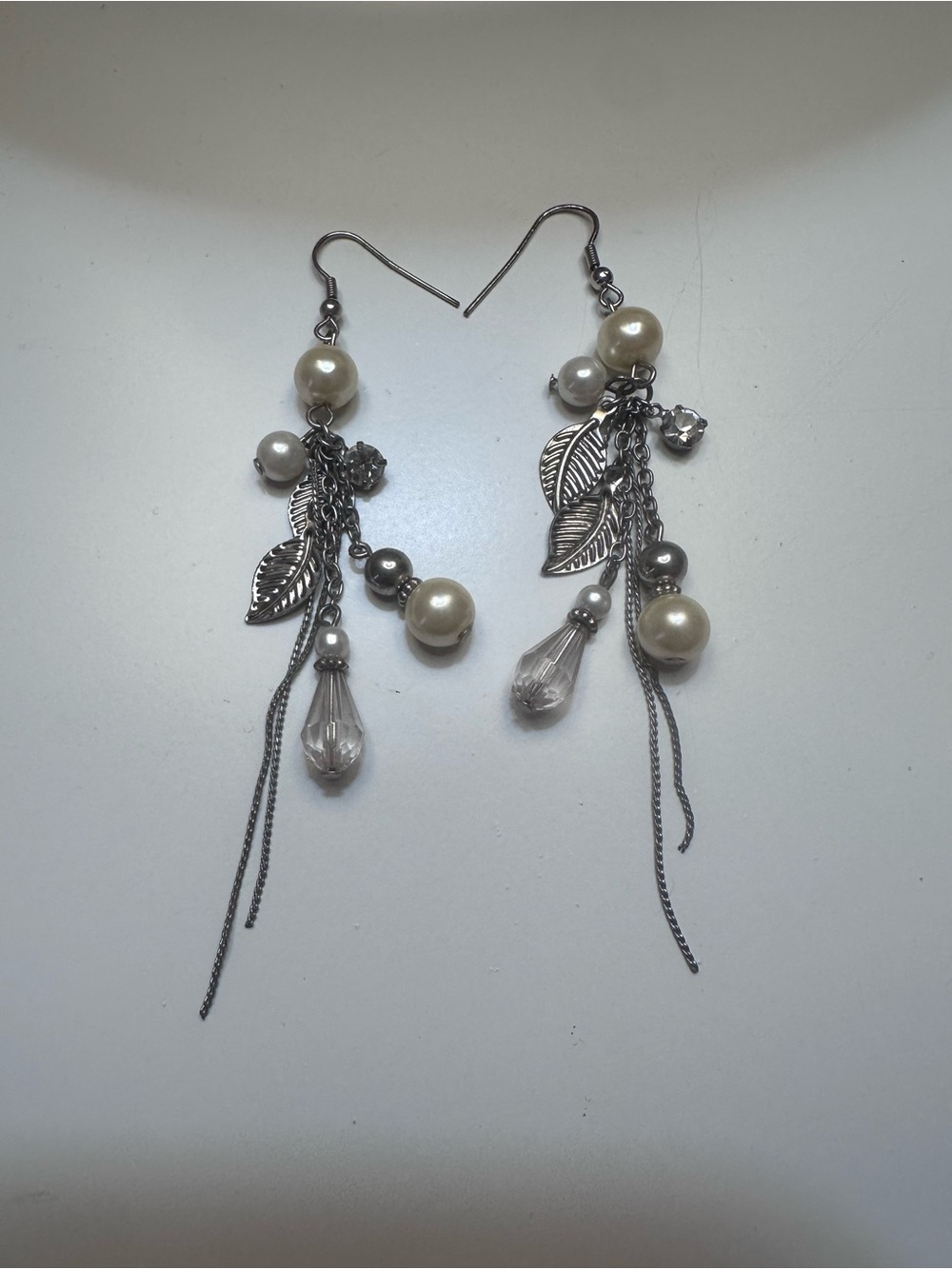 Silver Leaf & Pearl Dangle Earrings
